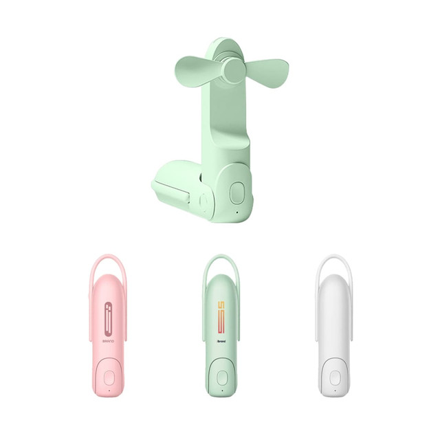 A pastel green handheld mini fan with a flashlight, accompanied by pink, white, and another variant in a similar style.