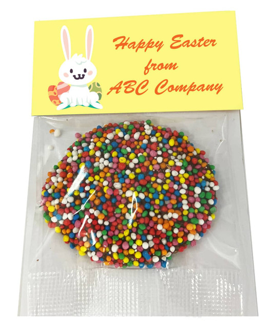 A clear plastic packet contains colourful sprinkles in various shades, with an Easter-themed header featuring a bunny.