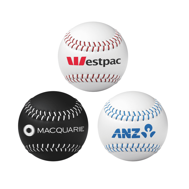 A set of three baseballs: one white with red stitching, one black, and another white with blue stitching, each featuring a logo.