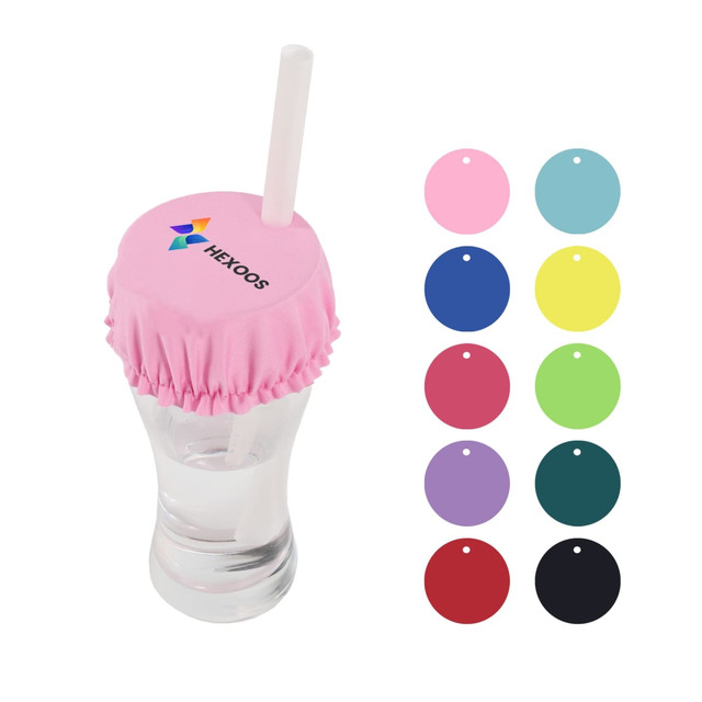 A drink bottle with a pink anti-spike cover and a straw, displayed alongside various colour samples.