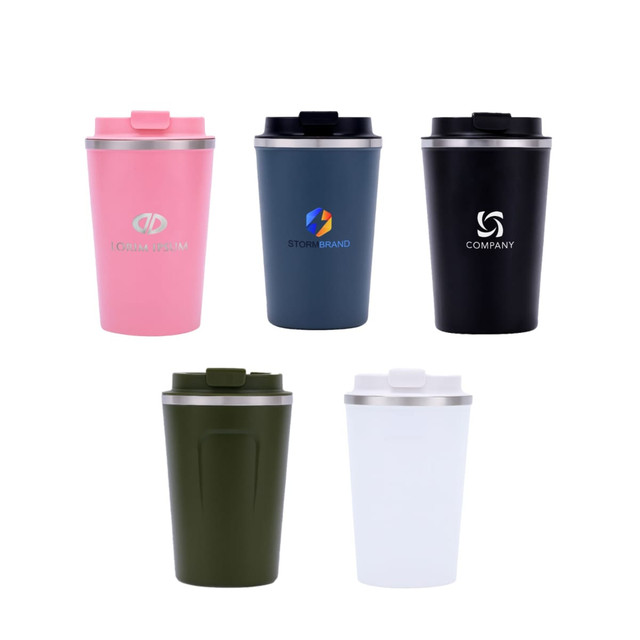 A set of five 380ML stainless steel coffee mugs in pink, dark blue, black, olive green, and white, featuring various logos.