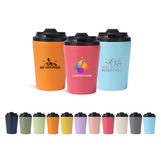 A collection of 350ML powder coated stainless steel coffee mugs in various colours with black lids and logos.