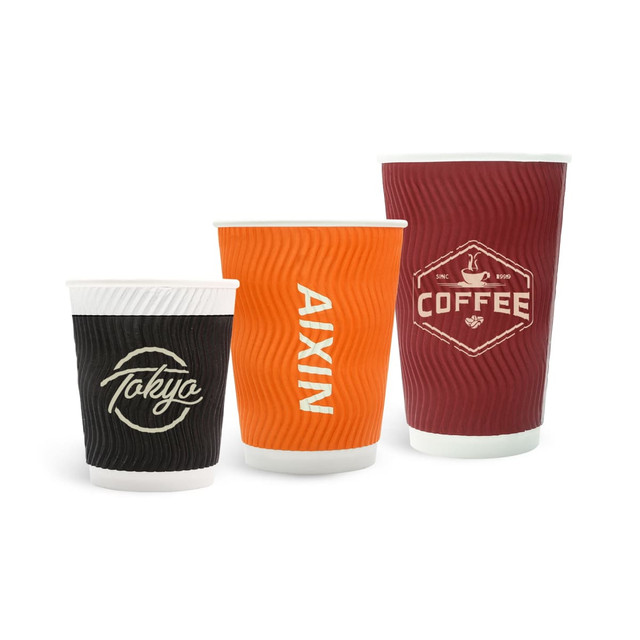 Custom disposable corrugated double wall paper cups in black, orange, and maroon, featuring various designs and a logo.