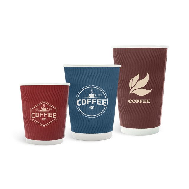 A trio of PLA double wall corrugated compostable paper cups in red and blue, featuring a logo and coffee design.