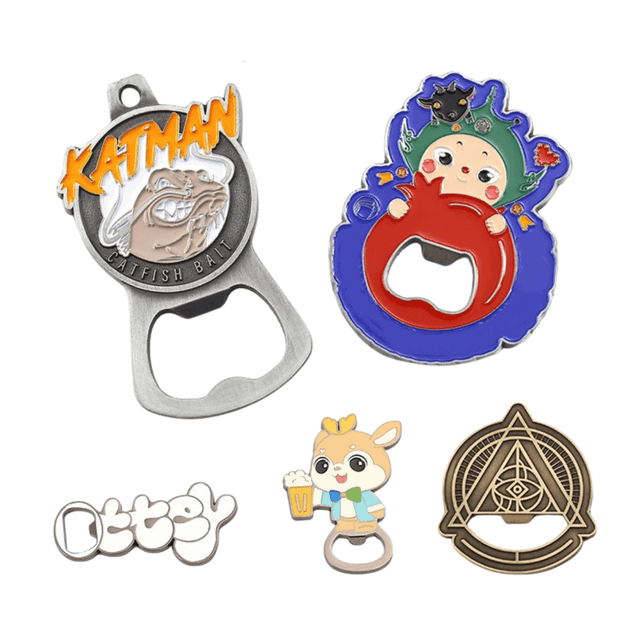 A drink bottle opener set featuring various custom designs, including metallic and enamel finishes in multiple colours.