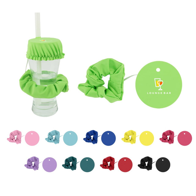A drink bottle with a green scrunchie cover and a matching scrunchie, accompanied by a colour selection below.