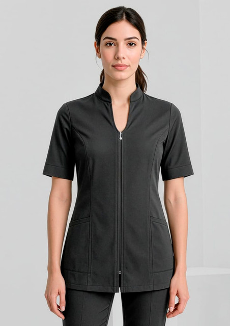 A women's dark grey tunic with short sleeves and a zip front, featuring two front pockets and a logo.