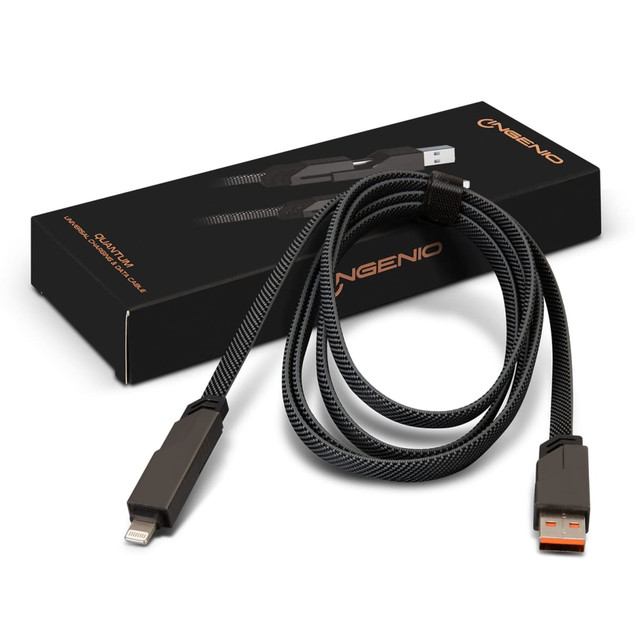 A black data and charging cable with a braided design, laying next to its packaging that includes a logo.
