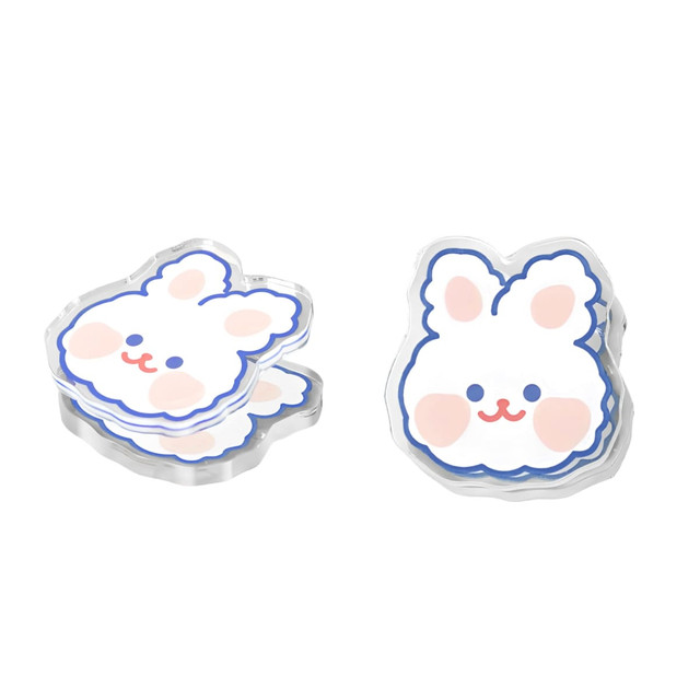Acrylic UV print clips shaped like cute bunny faces in white, pink, and blue, stacked together.