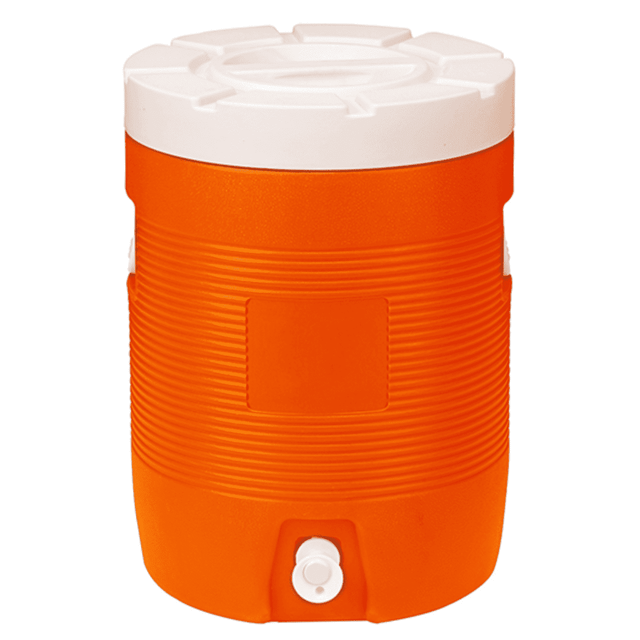 An orange 28L water dispenser cooler box with a white lid and a spout at the bottom. It has a logo on the side.