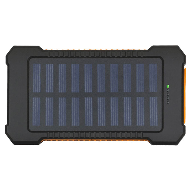 A solar power bank in black and orange with a textured surface and solar panel design. It features a logo.