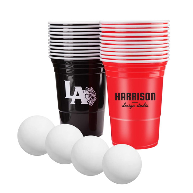 A set of red and black plastic cups with white ping pong balls, featuring a logo on one cup.