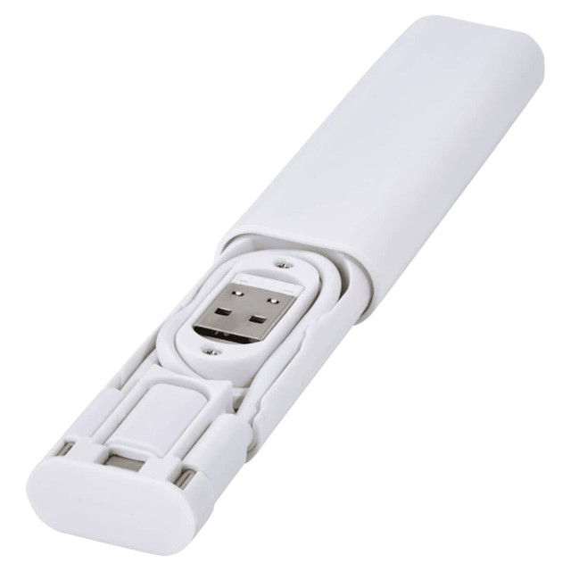 A modular charging cable in white, featuring a compact design with a built-in USB connector and a branding logo.