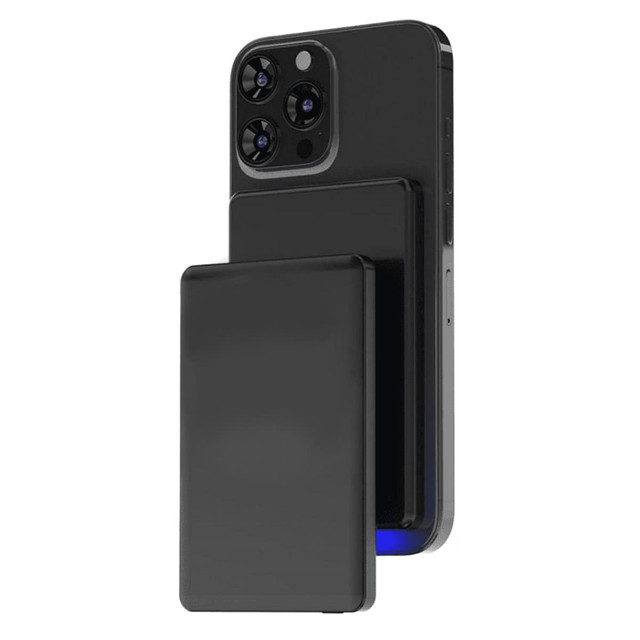A slim black metal power bank with 5000 mAh capacity attached magnetically to a smartphone, featuring a logo.