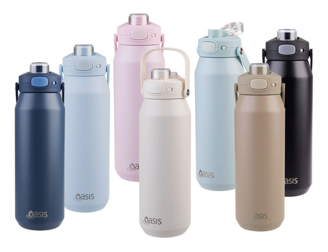 A drink bottle collection featuring various colours: navy, pink, blue, black, and beige, with a logo on each.