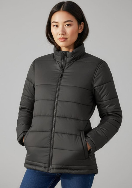 A women's puffer jacket in black with a high collar and side pockets, featuring a brand logo.