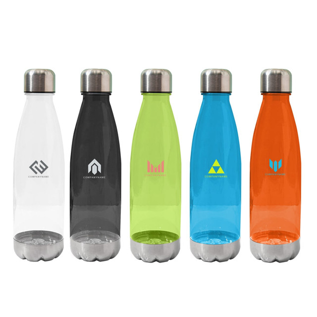 A drink bottle collection featuring translucent designs in white, black, green, yellow-green, and orange, each with a logo.