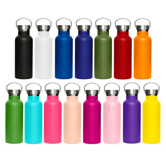 A drink bottle collection featuring various colours: black, white, blue, green, red, orange, pink, and purple, with metal lids.