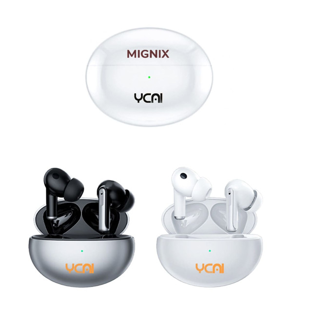 Active noise cancelling wireless earbuds in black and white, stored in a sleek charging case with a logo.