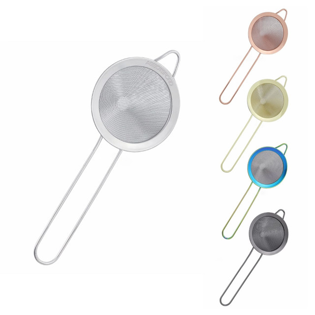 A bar mesh strainer with a silver body and multiple handle colours including blue, green, yellow, and rose gold.