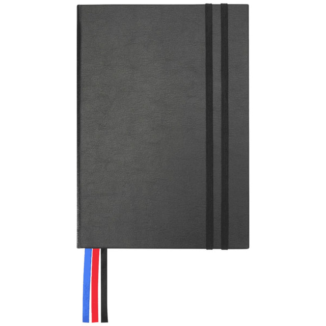 A black diary with elastic closures and ribbon bookmarks in red, blue, and white. It features a logo on the cover.