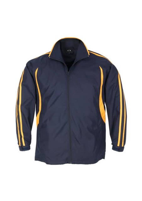 A navy track jacket with yellow stripes running down the sleeves and a zip front. It has a logo on the chest area.