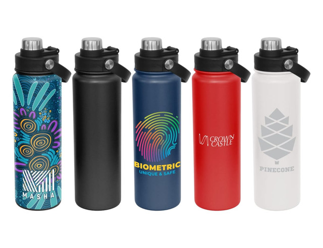 A drink bottle collection featuring five styles: colourful patterned, black, blue, red, and white, each with a screw cap and logo.