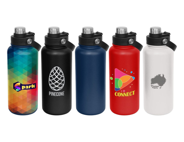 A drink bottle collection featuring various colours: blue, black, red, white, and a multi-coloured pattern, each with a screw cap.