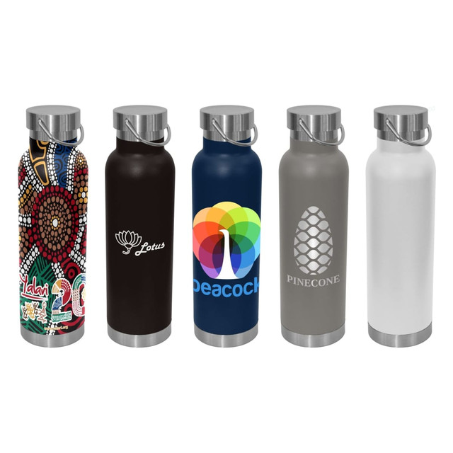 A drink bottle collection featuring various designs and colours, including patterns, dark brown, navy blue, grey, and white.