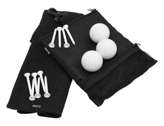 A black pouch contains three white golf balls and several white tees. The pouch features a mesh section.