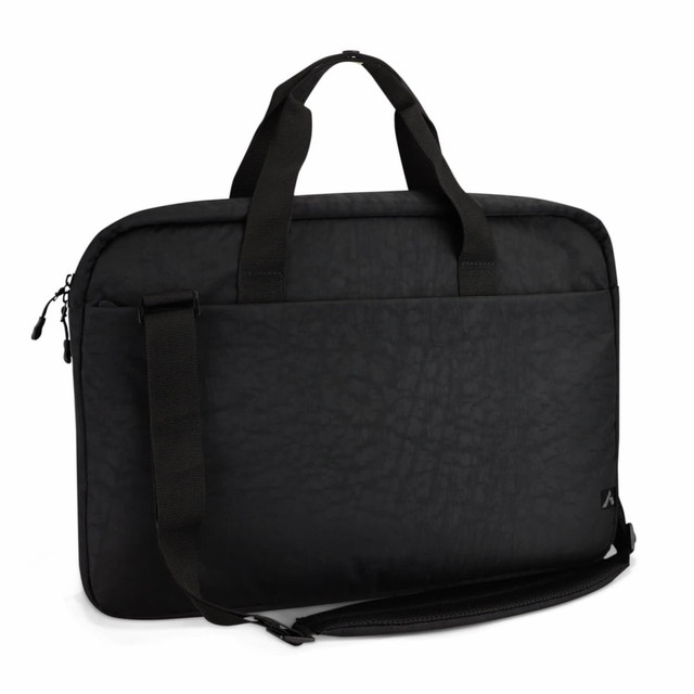 A black laptop bag with a textured finish, featuring dual handles and a detachable shoulder strap. It has a logo.