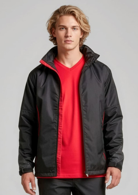 A unisex jacket in black with red accents, featuring a zip front and a collar. It has a logo on the chest.