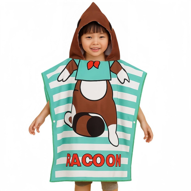 A kids' hooded change towel featuring a raccoon design, with green and white stripes and a brown hood.