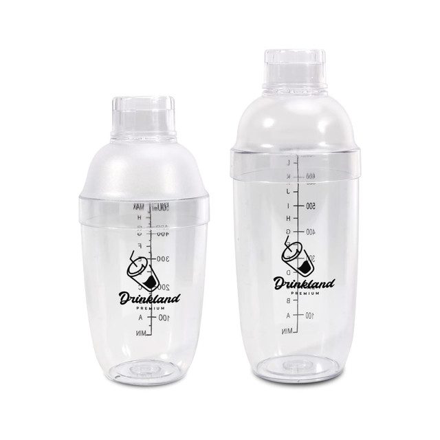 A drink bottle set featuring clear plastic shakers with a filter top and measurement markings, including a logo.
