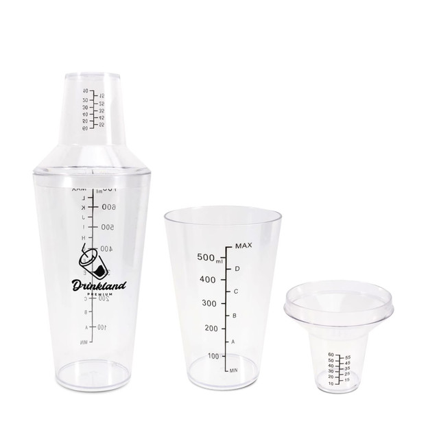 A drink bottle set featuring a clear shaker, measuring cup, and funnel, with a logo displayed on the shaker.