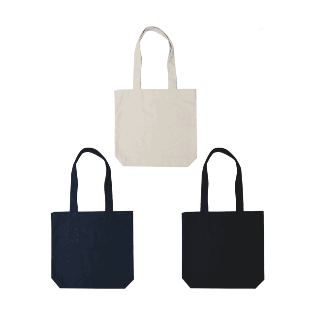 Classic tote bags in cream, navy, and black, featuring sturdy handles and a simple design. Each bag has a logo.