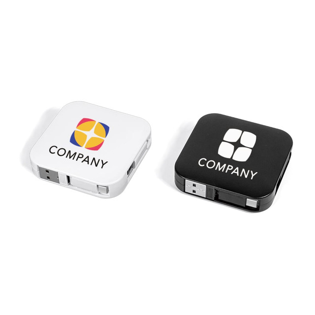 A white and a black retractable charging cable with a phone stand, both featuring logos.