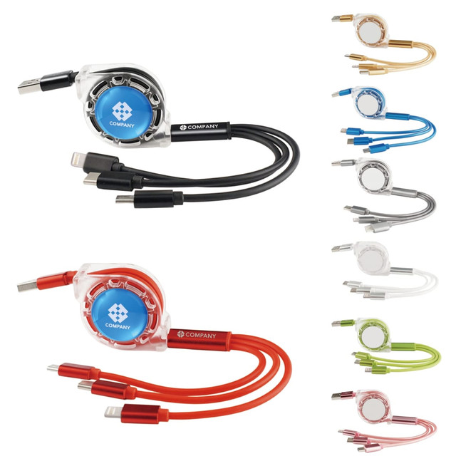 A retractable charging cable in black, red, and various colours, featuring multiple connector types and a logo.