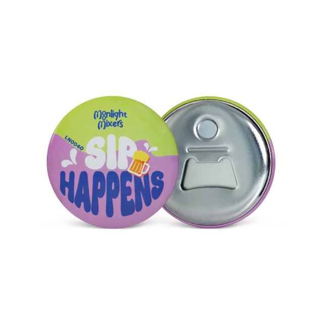 A drink bottle opener in a round, multi-coloured design with a logo and a metallic opener on the back.