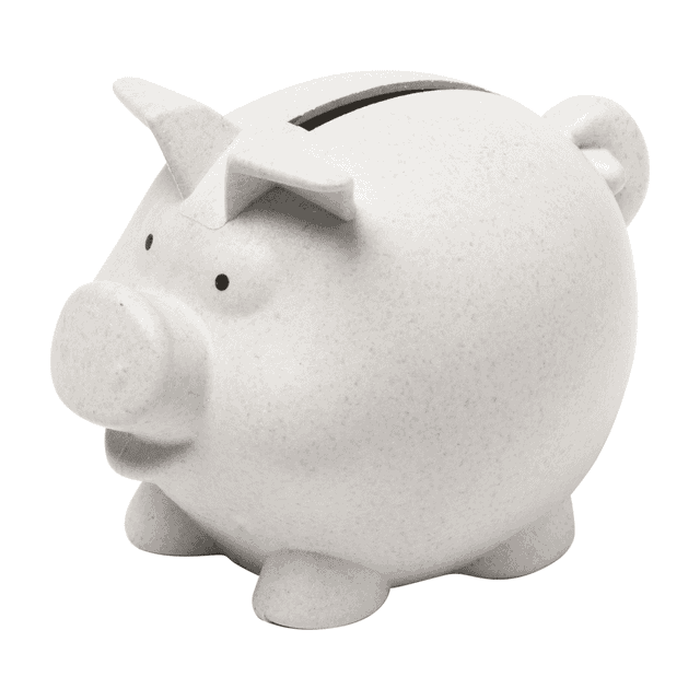 A white piggy bank with a smooth, rounded shape and small ears and feet, featuring a coin slot on top.