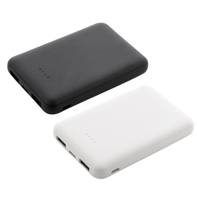 A black and a white power bank made from recycled ABS material, featuring ports and an indicator.