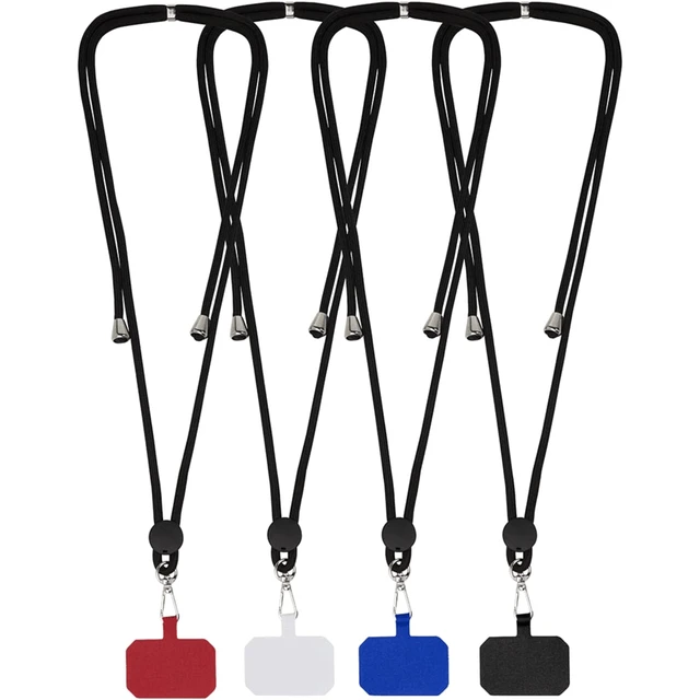 A series of phone lanyards in red, white, blue, and black, each featuring a badge holder.