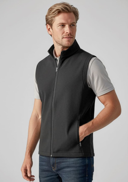 A grey men's vest with a zip front and side pockets, worn over a light grey shirt.
