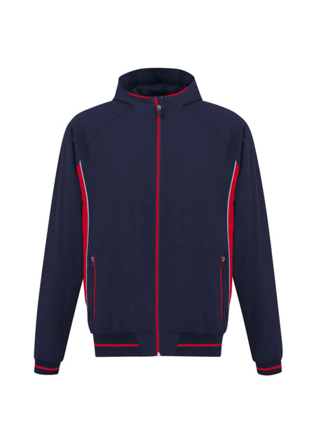 A navy blue soft shell jacket with red accents and a zip-up front, featuring side pockets and a logo.
