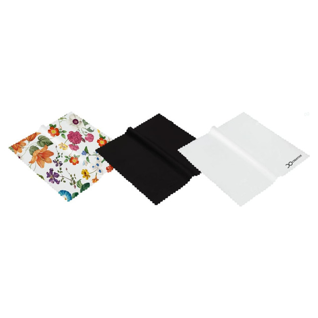 A set of three RPET lens cloths in floral, black, and white designs, featuring varied textures and shapes.