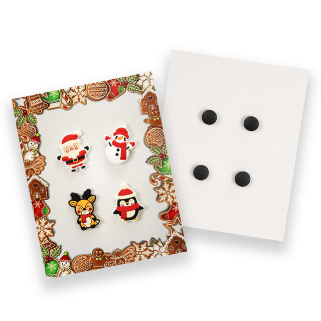 A pack of four custom shoe charms featuring Santa, a snowman, a penguin, and a reindeer, all in festive colours.