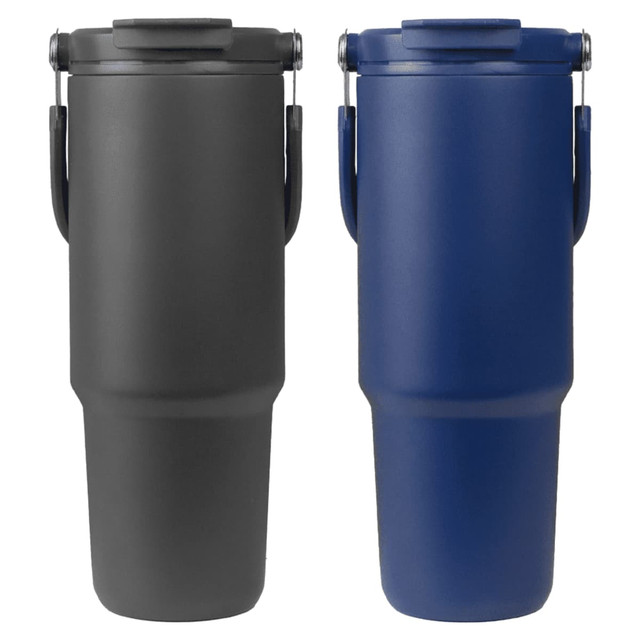 A drink bottle set featuring a grey and a navy blue bottle, each with a handle and a lid. Both have branding.