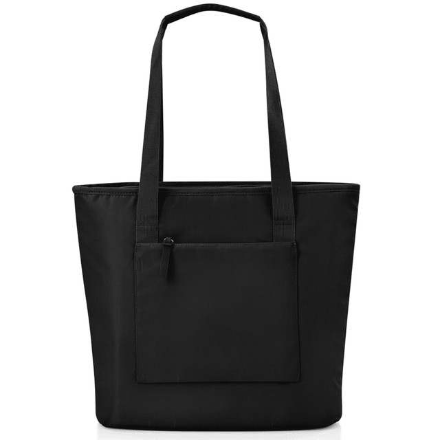 A black tote bag with two long handles and a front zip pocket, featuring a logo.