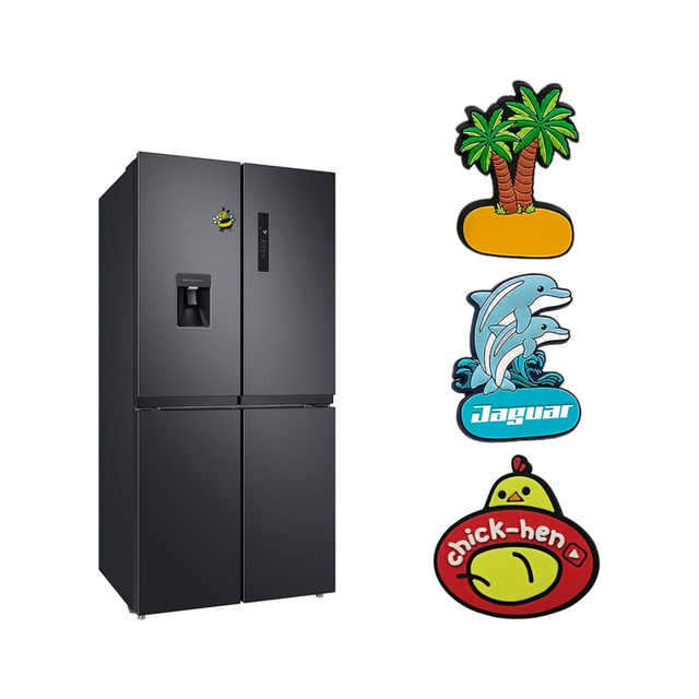 A black fridge with colourful PVC fridge magnets featuring a palm tree, dolphins, a jaguar, and a chicken.