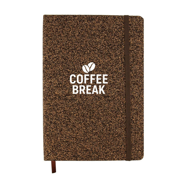A brown A5 notebook with a textured cover and an elastic band, featuring a logo on the front.